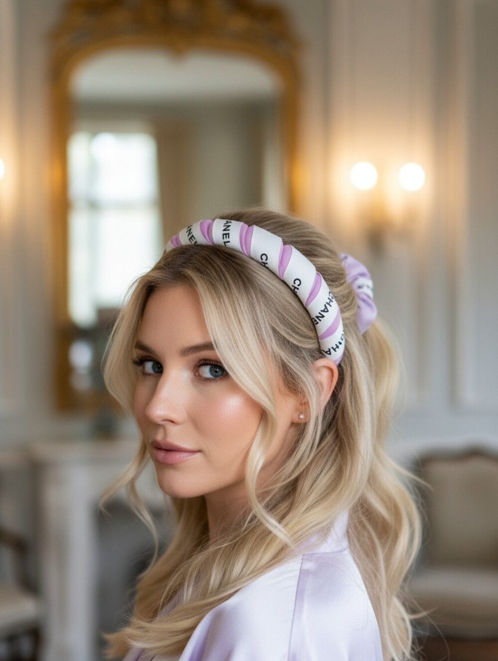 CHANEL Lilac Velvet Headband with Branded Ribbon